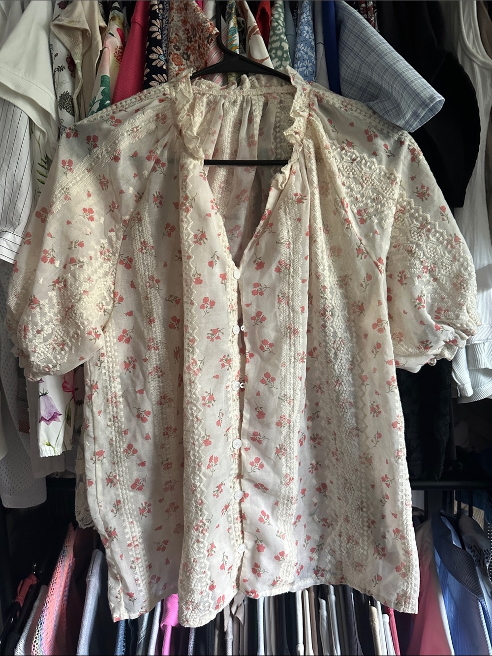 Vintage-Inspired Cream Floral Button-Front Blouse